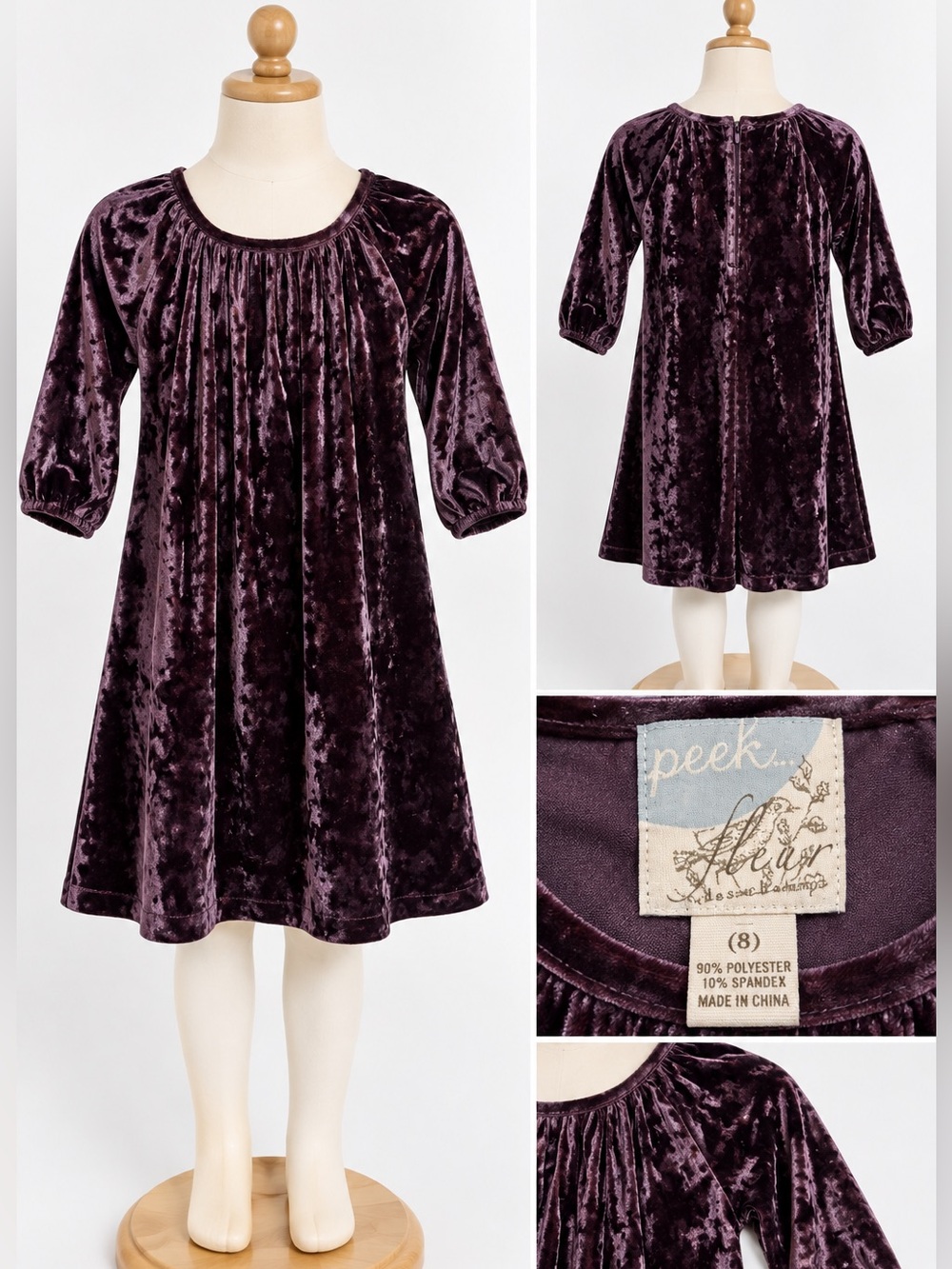 Peek Fleur des Champs Girls Sz 8 Purple Crushed Velvet Dress 3/4 Sleeve Holiday